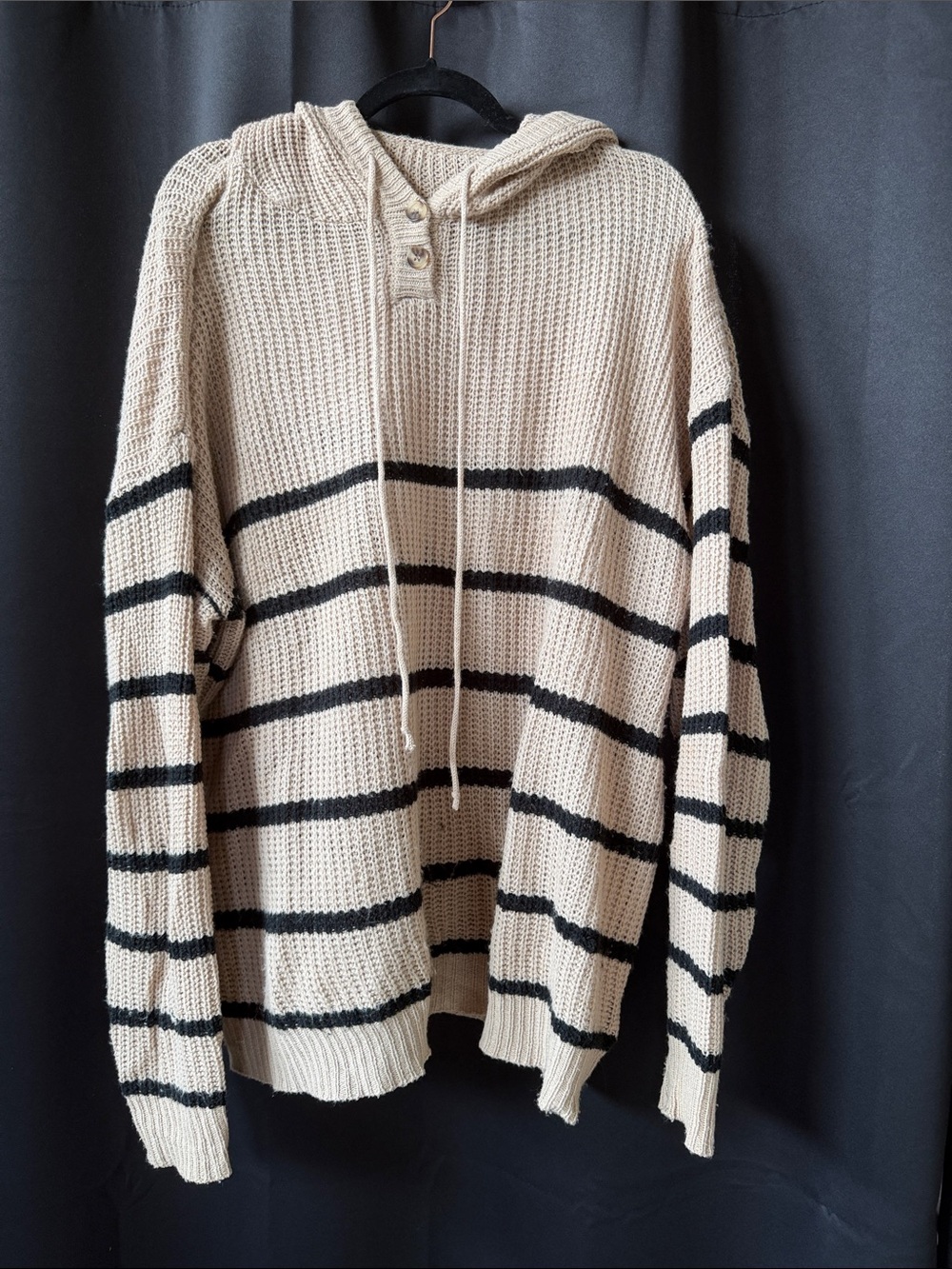 SHEIN Cream Hooded V-Neck Sweater with Black Stripes